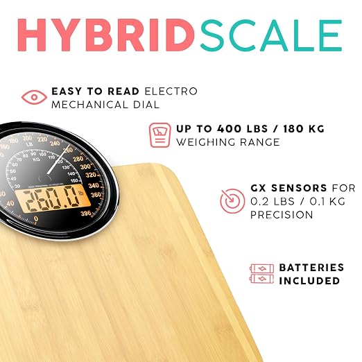 Hybrid Bathroom Scale - Analog & Digital Display, Accurate to 400 lbs | See weight on both an analog dial and digital LCD at once. Wide glass platform, accurate to 0.2 lbs, batteries included.