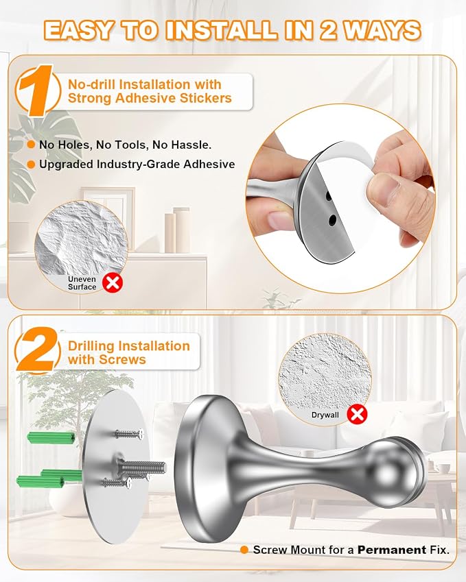 Crosize Magnetic Door Stoppers 8 Pack, Stainless Steel Door Stops for Wall and Floor Mounting, Door Holder Keep Door Open, No Drilling Door Stop with 3D Adhesive Tapes, Silver