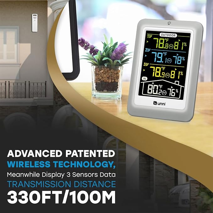 Indoor Outdoor Thermometer Wireless 4.5 Inch Display Digital Hygrometer | Temperature Humidity Monitor with 330ft Range Sensor and Adjustable Backlight with 3 Sensors (Multi)