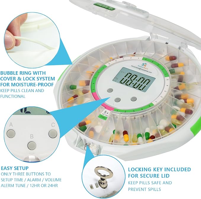 Bluetooth Automatic Pill Dispenser for Elderly with APP Alarm | Medication Track History, Sound/Light Alert, Up to 9 Daily Doses, 28 Day Locked Medication Organizer for Dementia & Caregiver
