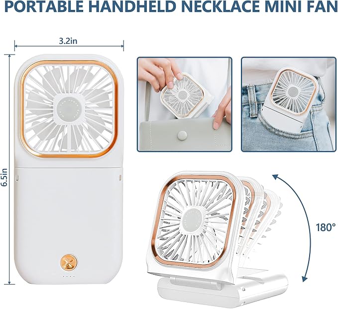Portable Neck Fan Mini Quiet Handheld Personal Foldable USB Rechargeable Fan with Phone Holder founction for Home Office Outdoor Travel, Hands Free Necklace Fans