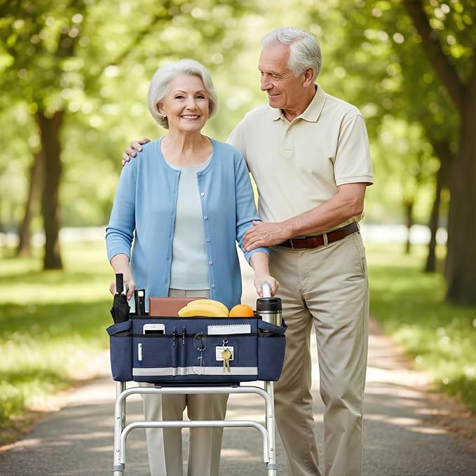 AMEDELE Walker Basket for Seniors With Cup Holder, Foldable Walker Bag with Large Capacity,Walker Accessories for Folding Walker-Not Fit for Rollator (Blue)
