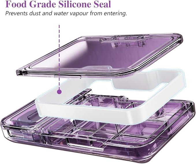 Pill Cutter Splitter for Small or Tiny Pills. 2-in-1 Travel Pill Box & Pill Splitter - Large Capacity 4 Compartments Pill Organizer - Detachable Nonslip V-Shaped Pad. Wrap-Around Blade Guard (Purple)