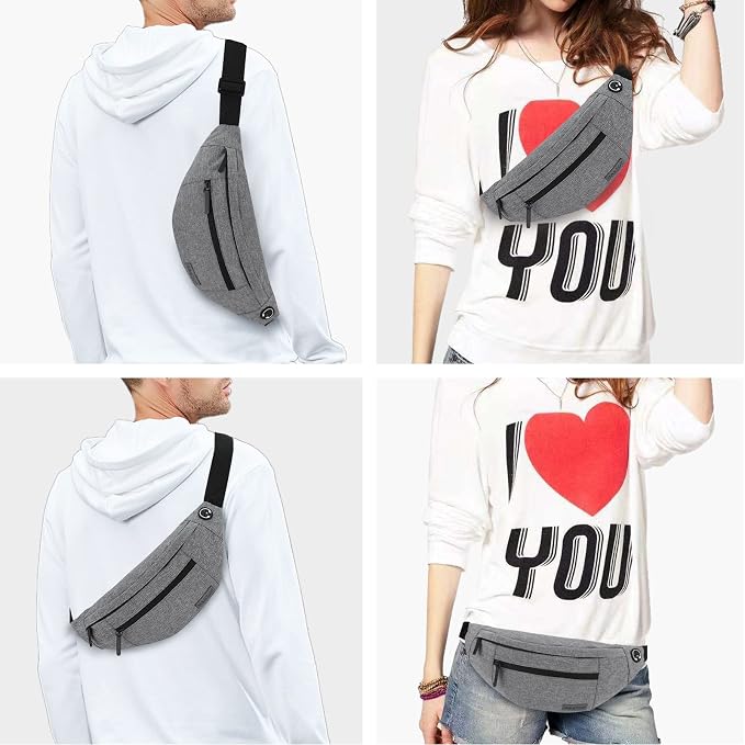 Grey Sling Bag for Women Men Gifts for Enjoy Travel Hands-Free Fanny Pack | Polyester,4-Zipper Pocket, Adjustable Waist Bag for Workout Traveling Casual Festival