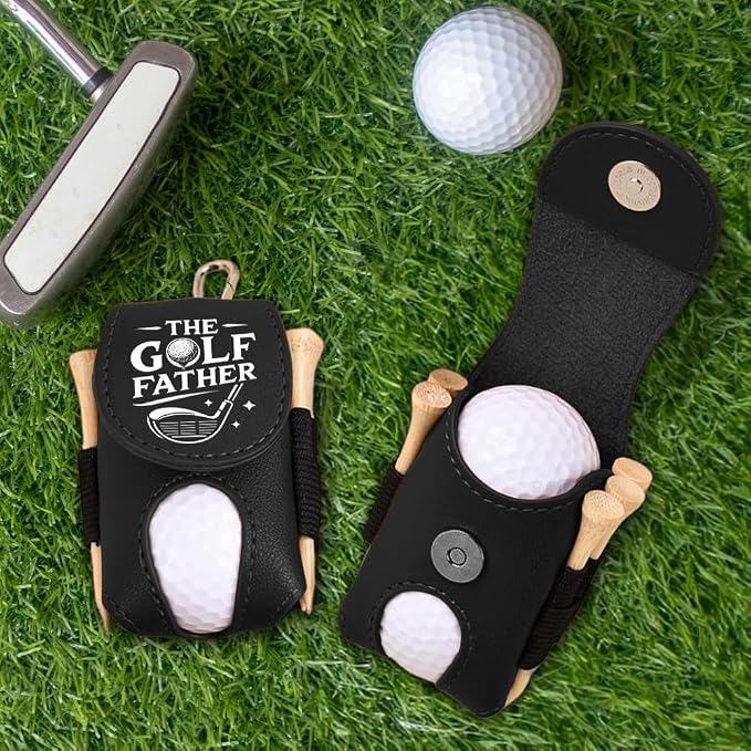 Wrappiness The Golf Father Golf Ball Bag - Golfer Accessories for Men Premium Leather Holder with Clip - Custom Golf Tee Pouch Unique Gift for Dad