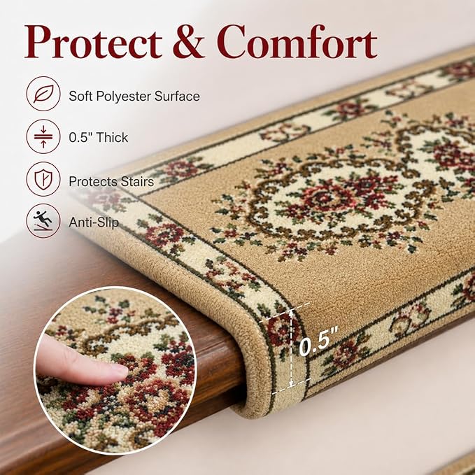 Rounded Bullnose Carpet Stair Treads for Wooden Steps Indoor, No Tape Non Slip Step Mats with TPU Backing & Steel Reinforced Edge for Dogs Elders,Beige Floral,28