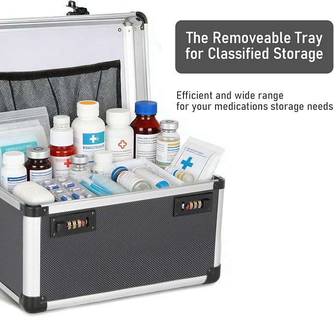 Medicine Box with Combination Lock - 13.4"x7.6"x8.2" First Aid Safe Medication Storage Case, Personal Items Safe Case for Hospital & Home & Outdoor 【Tactical Black,No Tray】