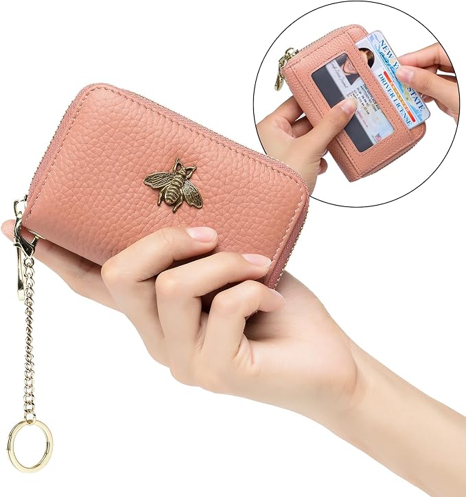 imeetu RFID Credit Card Holder, Small Card Wallet Women, Leather Card Case | Genuine Leather Women's Card & id Cases, Change Coin Purse with Zipper Keychain id Window, 20 Colors & 3 Styles, Daily, Gifts