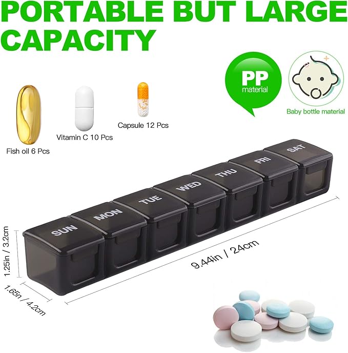 Pill Organizer XL Extra Large Weekly and Daily Pill Cases for Pills/Vitamin/Fish Oil/Supplements (Black)