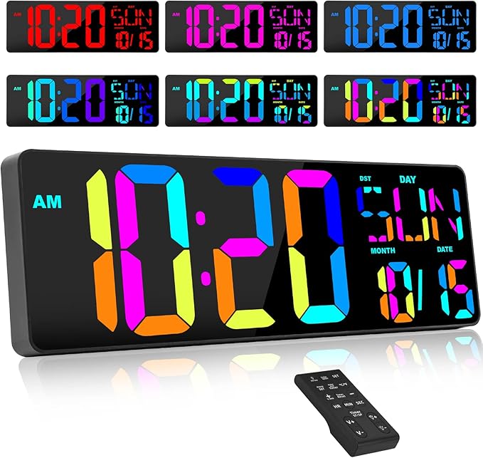XREXS Large Digital Wall Clock with Remote Control, 17 Inch LED Large Display Count Up & Down Timer, Adjustable Brightness RGB Color Changing Clock Alarm Clock for Home, Gym, Office and Classroom