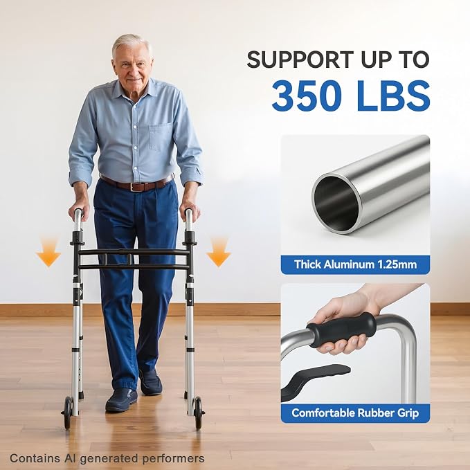Loyoda Folding Walkers for Seniors Adjustable Aluminum Front Wheel Walker | 5" Wheels, Trigger Release Folding, Height & Width Adjustable, Lightweight Standard Walker, 350 lbs Capacity, Silver