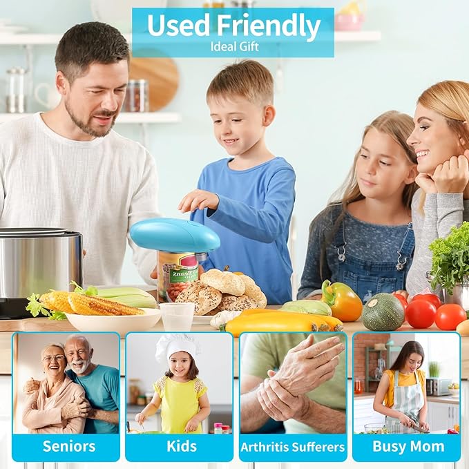 Rechargeable Can Opener Electric for Seniors, One-Touch Design (Blue) | Smooth Edge Cutting, USB-C Charging, Angled Blade, Magnetic Lid Catch, ABS Body, Easy Operation, Hands-Free