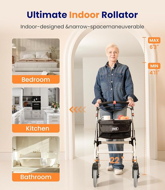 VOCIC Z32 Narrow Walkers for Small Spaces, 8" Quiet Anti-Slip Tires, Tray | Foldable & Lightweight Indoor Rollator Navigates Small Spaces, Easily Passes Tight Doors, Tray & Pouch for Home, WT