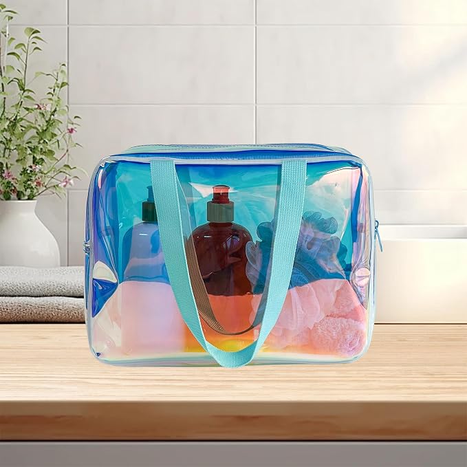 Holographic TPU Makeup Bag - Blue Rainbow Cosmetic Pouch, 11.81x4.3x8.26inches Waterproof Large Clear Travel Bag for Travel & Organizer (A230023-298-5)