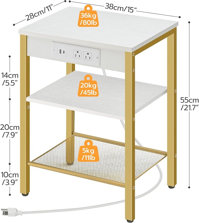 HOOBRO Side Table with Charging Station and USB Port, Small End Table for Small Space, 3-Tier Nightstand with Adjustable Shelf, for Living Room, Bedroom, White and Gold DW112BZ01G1