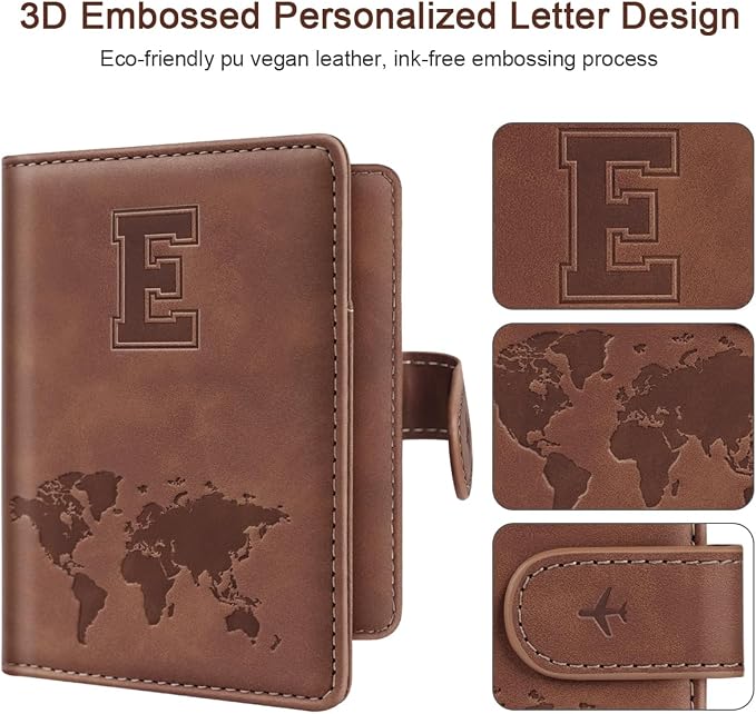 Passport Holder Wallet Cover Personalized Initial Travel Essentials | Embossed Letter A-Z Design, Travel Wallets, RFID Blocking, Passport Book Holders, Women Men, Personalized Gifts, Brown-E