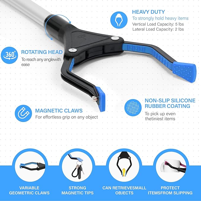 32 inch GrabRunner Foldable Reacher Grabber Tool with Strong Magnetic Tip for Seniors, Disabled, After Surgery Recovery (Blue)