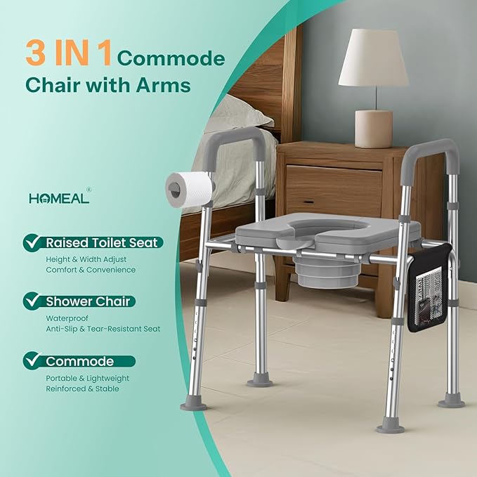 HOMEAL Raised Toilet Seat with Handles, Heavy-Duty 3in1 Bedside Commode Chair with Bucket for Seniors, Supports 450LBS, Adjustable Toilet Seat Riser with Arms for Bathroom Assistance