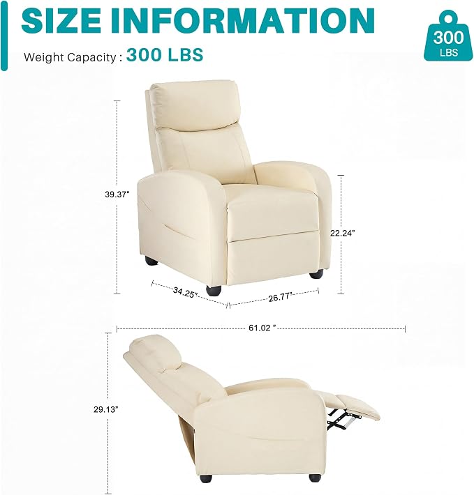Sweetcrispy Massage Recliner Chair for Adults, Adjustable Home Theater Seating with Lumbar Support for Living Room, Modern Fabric Reclining for Small Space, Beige