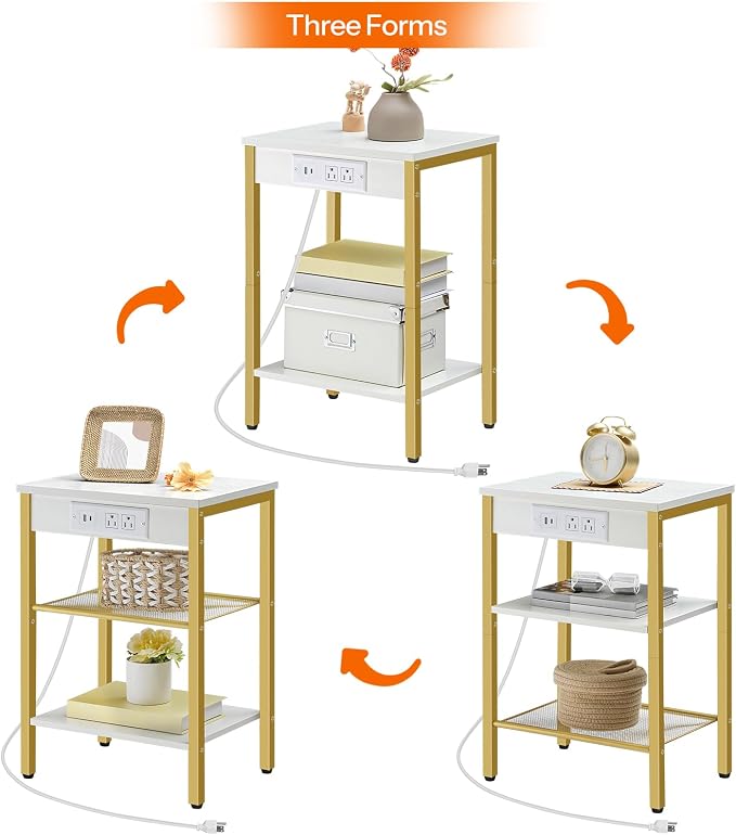 HOOBRO Side Table with Charging Station and USB Port, Small End Table for Small Space, 3-Tier Nightstand with Adjustable Shelf, for Living Room, Bedroom, White and Gold DW112BZ01G1