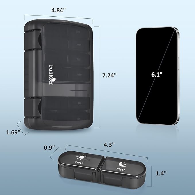 Fullicon Extra Large AM PM Pill Box Organizer 7 Day, Travel Medicine Pill Organizer 2 Times a Day, Large Supplement Vitamin Dispenser, Weekly Jumbo Pill Case Container for Purse (Black)