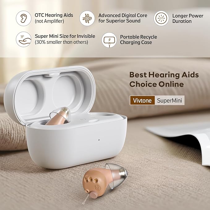Vivtone Supermini Hearing Aids (Not Amplifiers), Rechargeable Digital Hearing Devices with 16-Channel Sound Processing for Superior Sound Quality, Auto-On/Off, Pair
