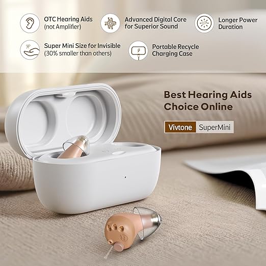 Supermini Hearing Aids (Not Amplifiers), Rechargeable Digital Hearing Devices with 16-Channel Sound Processing for Superior Sound Quality, Auto-On/Off, Pair
