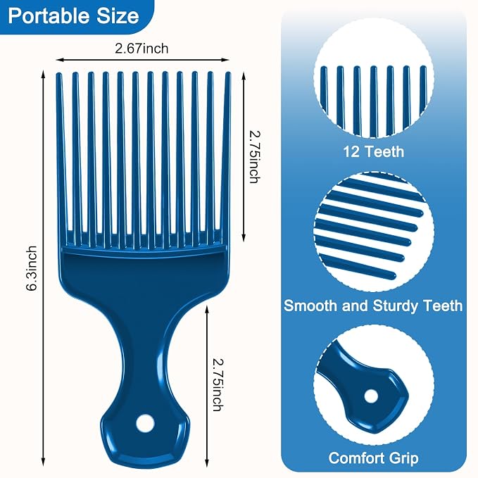 SIMPOR 2 Pcs Hair Pick Comb Wide Tooth Lift for Hair Styling Detangling, Plastic Afro Pick for Women Men, Fist Picks for Curly and Afro Hair (Metallic Blue, Black)