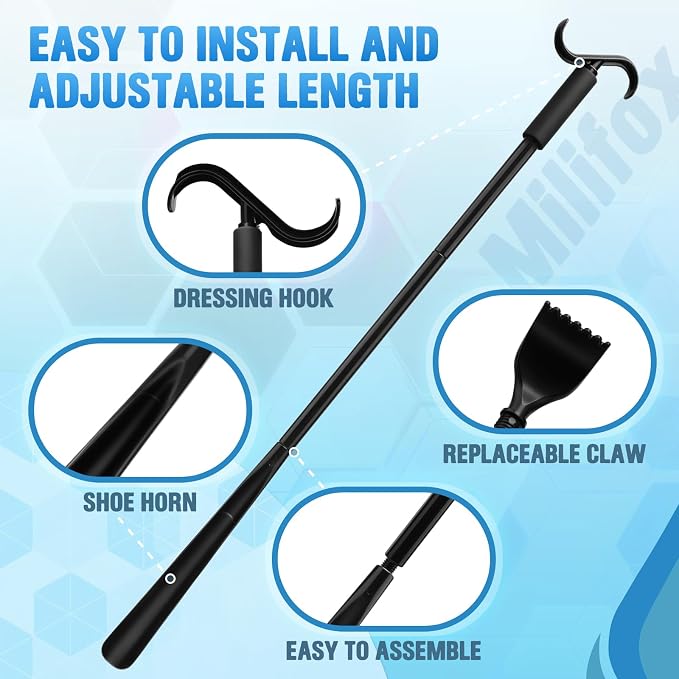 Long Handled Shoe Horn and Dressing Stick for Elderly, Shoe Horn, S-Hook, and Claw 3 Tools in One, No Bending for Dressing & Reaching, Ideal for Seniors, Arthritis, Pregnant Women
