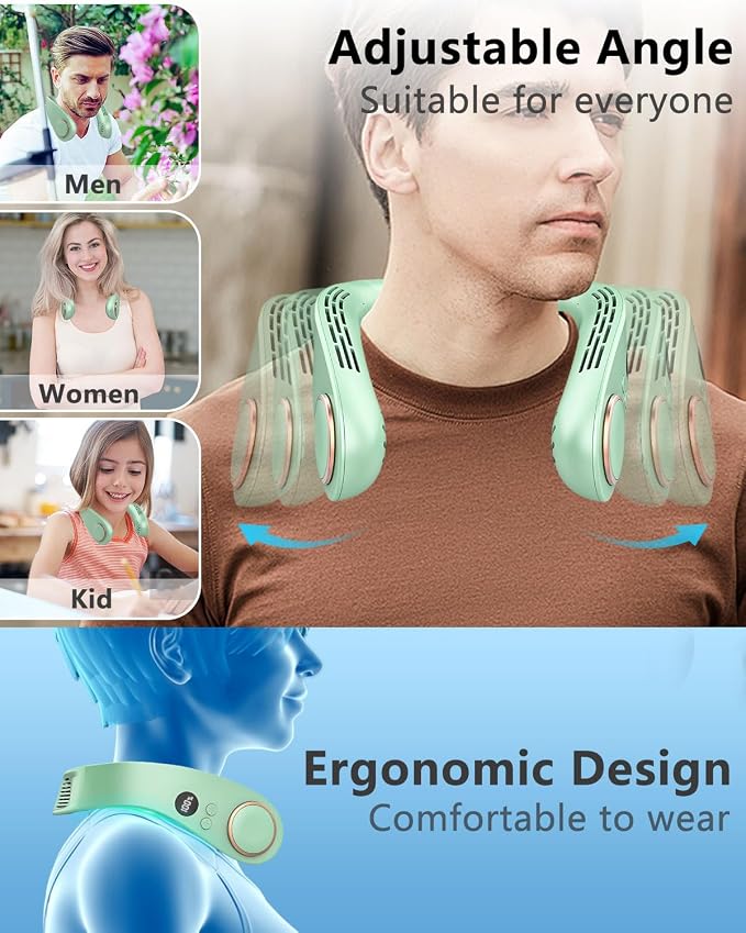 Personal Neck Air Conditioner with Cooling Plates, 5500mAh Long Battery Life, Silent Wearable Cooling Neck Fan, Bladeless lightweight Headphone Fans for Hot Flash Women Adult Outdoors, Light Green