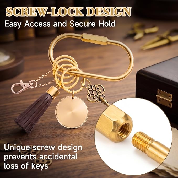 senbowe 9 Pack Gold Brass Key Rings, Carabiner KeyChain Clip with 10 O-Rings, Screw Lock Keys Organizer, Purse Bag Charms
