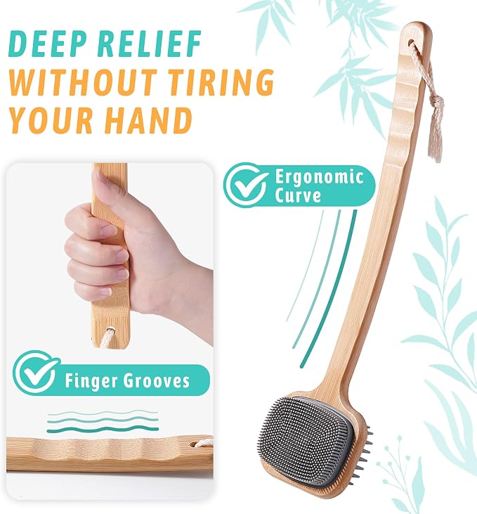 NURENDER Bamboo Back Scratcher 16.92'', Double-Sided Soft Silicone Bristles | Back Scratcher for Men and Women, Itch Reliever Curved Handle for Full Body, Dry and Wet Use Body Brush