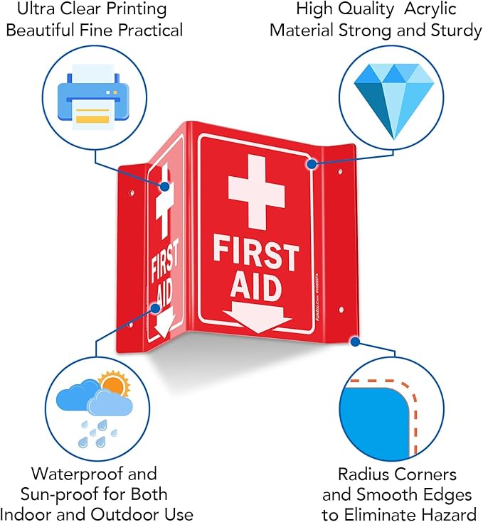 Faittoo First Aid Sign, 5 Pack First Aid with Cross Symbol - 6 x 8 Inches V-Shaped Acrylic Plastic, 4 Pre-Drilled Holes, Includes Matching Screws, Use for Home Office/Business
