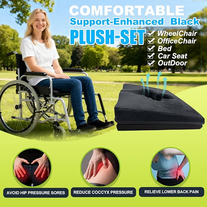Gel Wheelchair Seat Cushion,Bed Sore Cushions for Butt,Pressure Sore Cushion for Office Chairs,Sciatica,Coccyx,Pain Relief Butt Pillow,Washable Cover.(Plush-Fabric&Support-Enhanced Set Black)