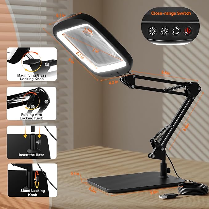 10X 30X Extra Large Magnifying Glass with Light and Stand 7-inch | 5 Color Modes Dimmable,Lighted Magnifying Glass Rectangle Hands-Free Magnifier Desk Lamp for Reading Craft DIY Close Work B