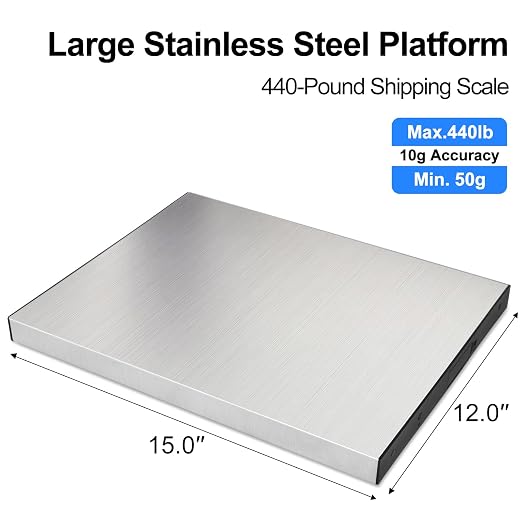 THINKSCALE 440lb Heavy Duty Digital Shipping Scale, 10g Wireless LCD | Stainless Steel Platform, Large Backlit LCD, Hold/Tare Function, USB & Battery Power for Packages, Luggage and Business Use