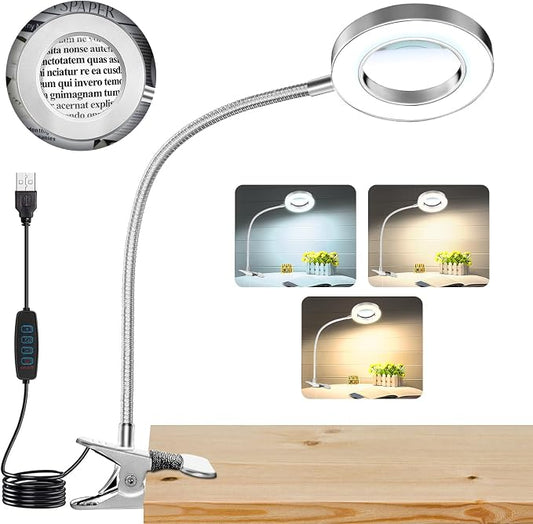 10X Magnifying Glass with Light, Clip on Mganifier with Light, 48 LED Desk Lmap Magnifying Glass wtih Clamp, 3 Modes Dimmable LED Lamps for Bed Work Crafts DIY Repair Gray