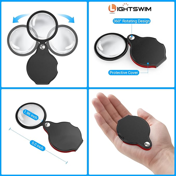 Neck Wear Magnifying Glass with Light for Close Work, 5.5 Inch 5X Handheld Lighted Magnifier for Reading Books, Included 2PCS Upgrade 10X Small Magnify Glasses with Protective Sheath