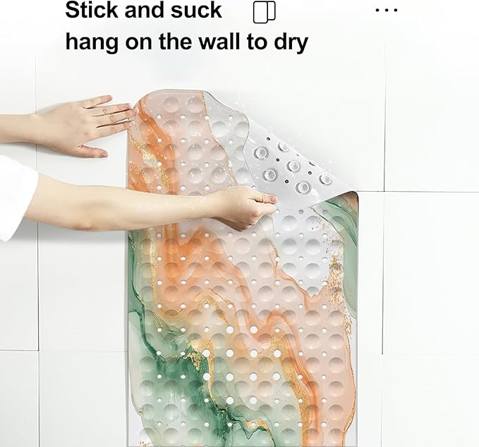 LNOND Marble Bath Tub Mat Non Slip, Extra Long 40 X 16 Inch Anti Slip Mat for Bathtub, Orange Green Marble Shower Mat with Drain Holes and Suction Cups, Machine Washable