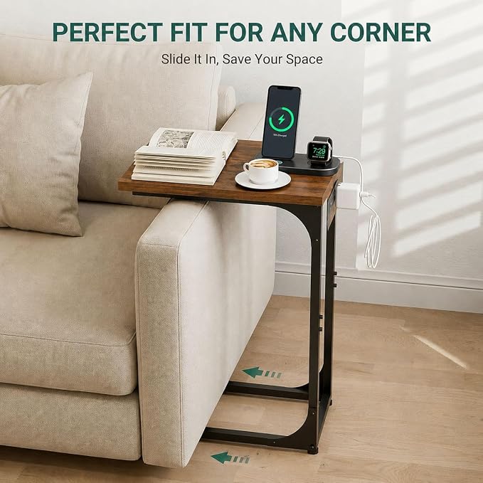 TEMI C Shaped End Table for Couch with Charging Station, Small Side Table TV Tray for Eating or Laptop, Accent Desk for Sofa or Chair, Space Saving Living Room Bedroom, Rustic Walnut