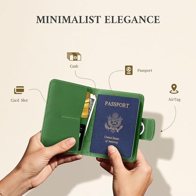 ALLIVE Rfid Passport Holder for Travel Women, Rfid Passport Cover Wallet, Genuine Leather Passport Holder for Travel with AirTag Hidden, Airport Essentials, Travel Gifts (Avocado Green)