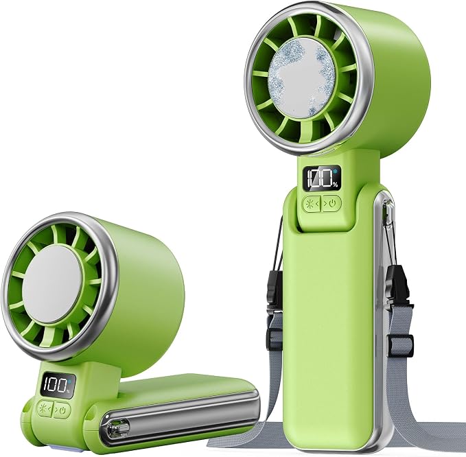 SHEWIND Portable Handheld Fan with Ice Cooling - 5 Gear High Speed Turbo Personal Fan Rechargeable, Up to 13 Hrs, Mini Hand Fans for Travel Essentials, Beach Vacation, Gifts for Women, Men (Green)