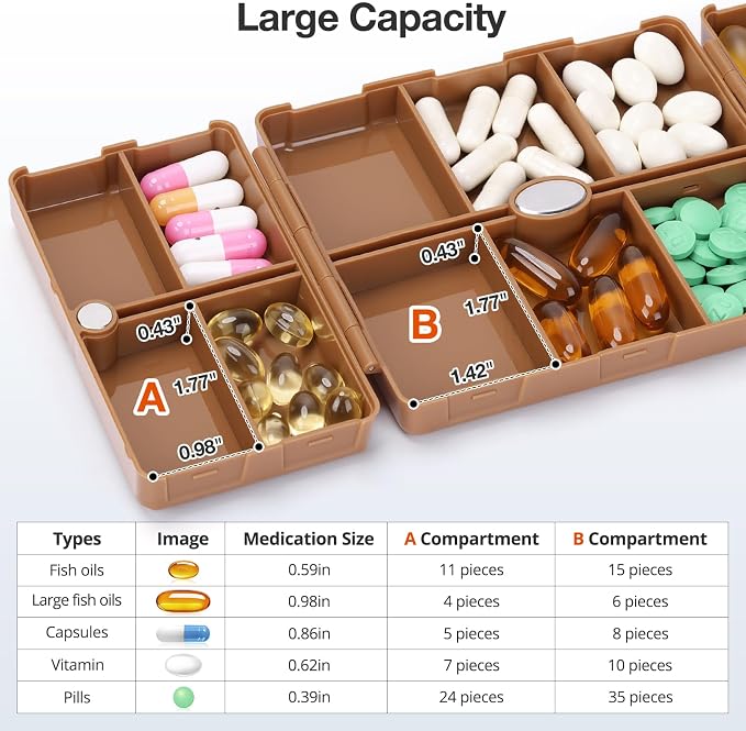 FYY Weekly Pill Organizer 2 Times a Day, Magnetic Travel Pill Box AM PM with Easy Open – 7-Day Daily Pill Case Medicine Organizer for Vitamins,Supplements - Brown