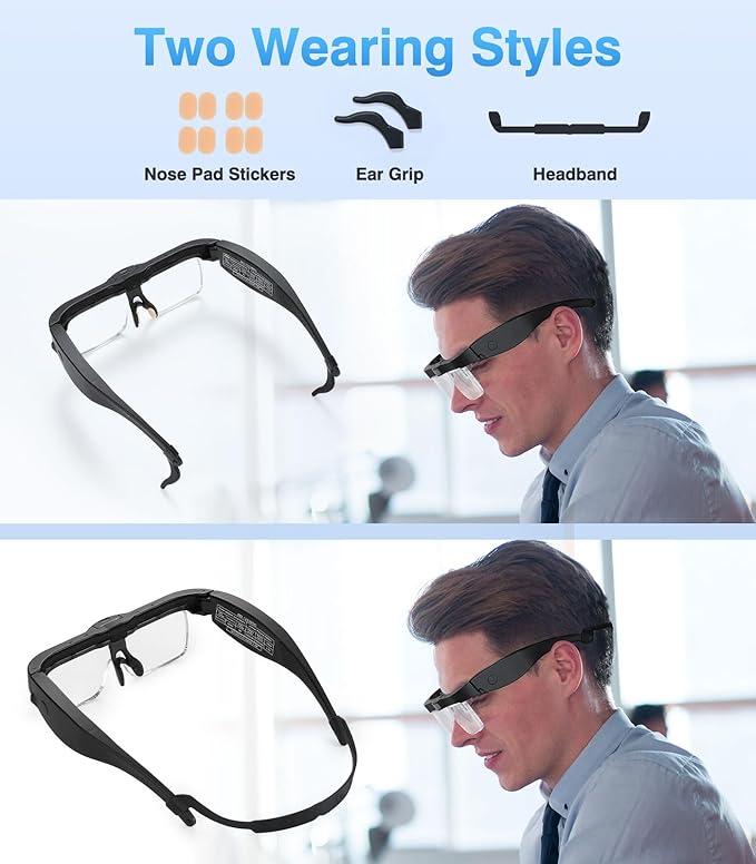 MoKo Magnifying Glasses with Light, 1X-4X Magnifier Headset | Hands-free headband magnifier includes 5 detachable lenses, adjustable LEDs and USB-C charging.