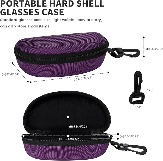 molshine 3 Pieces Portable Hard Shell Sunglasses Case, Zipper Eyewear Eyeglasses Case with Hook for Women Men Travel Sports