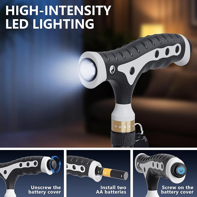 Hold 440 lbs Walking Cane for Seniors Aluminum Alloy Lightweight Height Adjustable Walking Stick Heavy Duty Foldbale Free Standing Cane with LED for Men and Women Adults