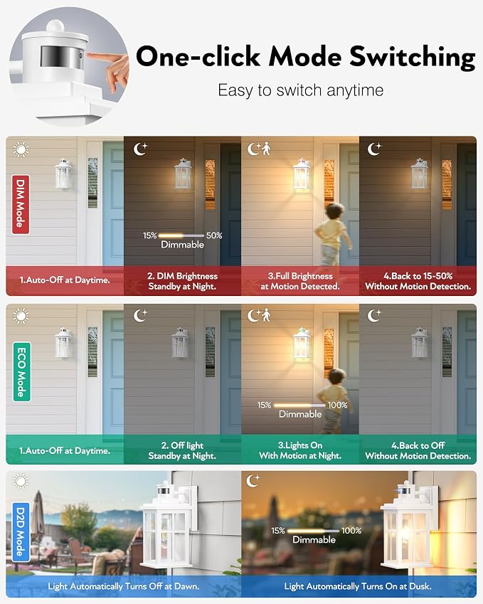 VIANIS Motion Sensor Porch Lights Outdoor, 3 Modes White Outside Wall Light | Dusk to Dawn Outdoor Wall Sconce Lantern, E26, 100% Aluminum Exterior Lighting Fixtures Wall Mount for House, Garage, Patio