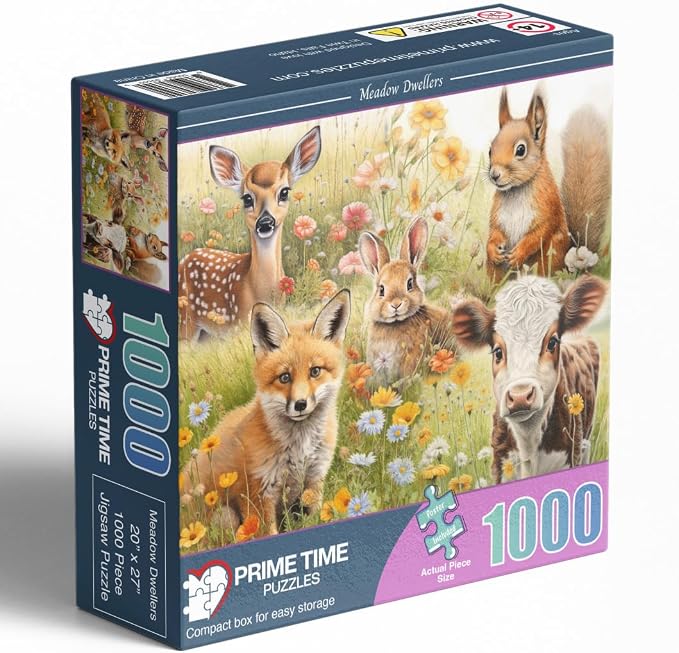 Adult Jigsaw Puzzle 1000 Piece Cute Animals | Features deer, cow, fox, squirrel, and rabbit artwork. 20x27-inch. Great for game nights on a table, puzzleboard, or floor.