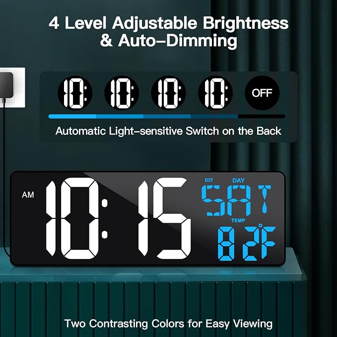 17 Inch Large Digital Wall Clock with Remote Control, Automatic Brightness Dimmer Digital Wall Clock Large Display with Day/Date/Temperature, Snooze, Count Up & Down Timer for Living Room, Office, Gym