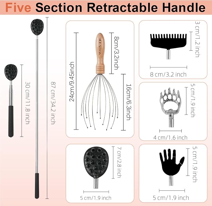 WOVTE 4 in 1 Telescoping Back Scratcher and Wooden Scalp Massager Kit | Replaceable Massage Head, 12-finger Head Massager, Ideal Stocking Stuffers, Exquisite Gifts Box, Perfect Gifts for Men Women